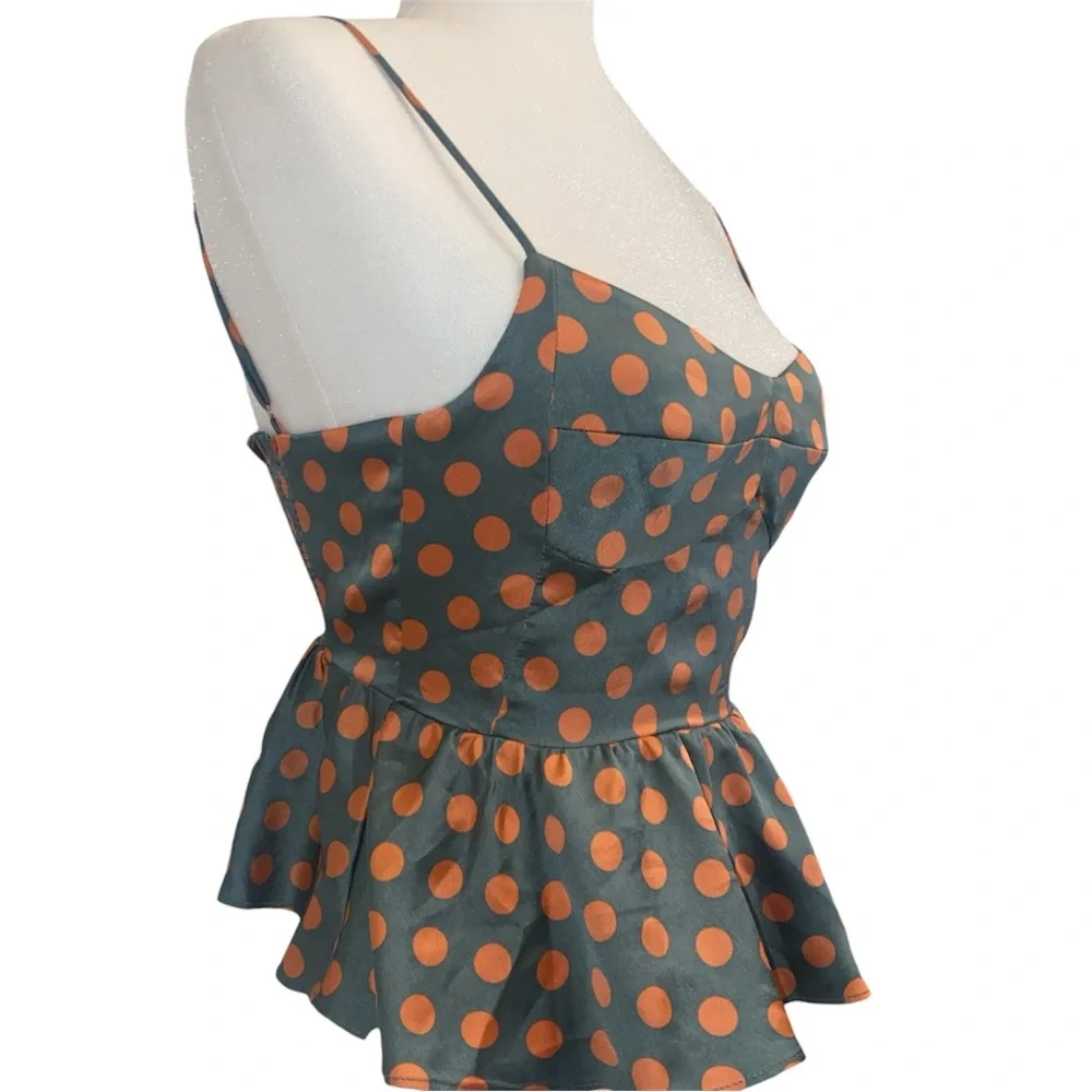 Zara Polka Dot Peplum Cami Top - Green with Orange Dots - Picture 4 of 7